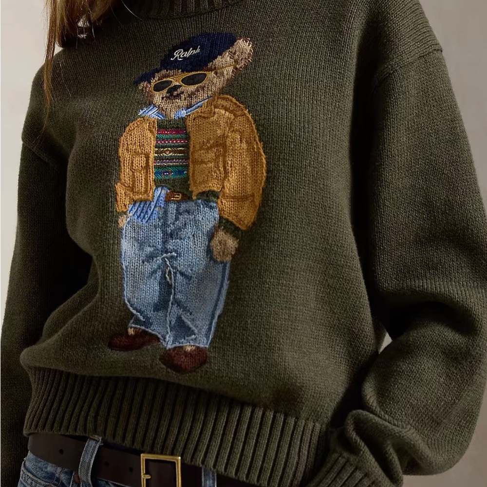Ralph Lauren Olive Green Bear Graphic Crewneck Sweater - Picture 3 of 5